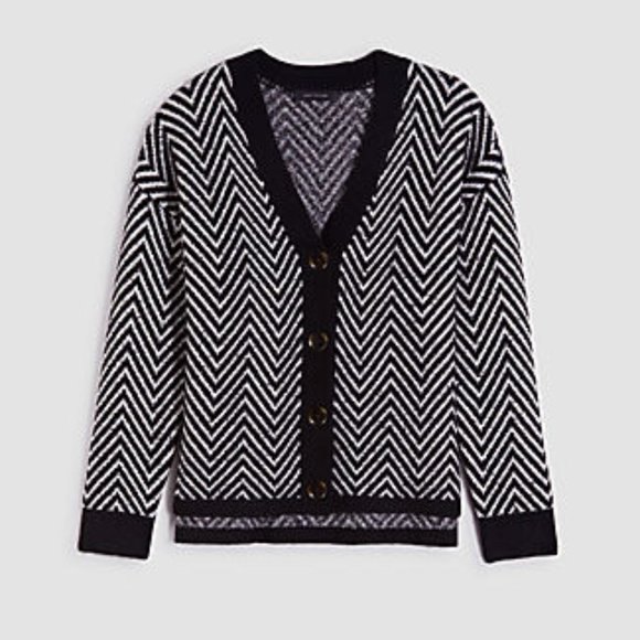 Ann Taylor Black and White Herringbone Chunky Knit Button Cardigan Sweater (NWT) - Picture 1 of 2